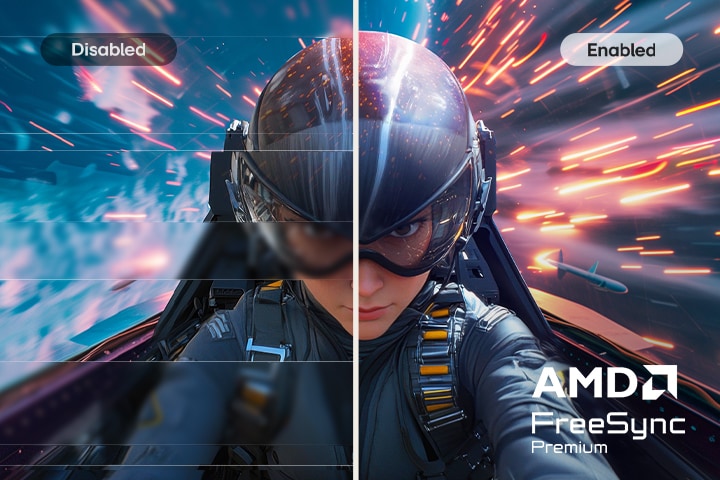 شاشة LG FHD توضح تقنية AMD FreeSync Premium مع مقارنة جنبًا إلى جنب للأوضاع المعطلة والممكّنة، مما يعرض انخفاض تمزيق الشاشة وحركة أكثر سلاسة لألعاب سريعة الاستجابة وغامرة.